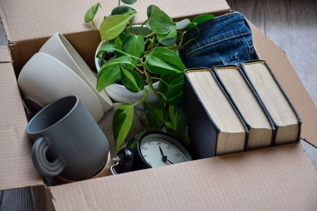 a box of books, mugs, bowls, a clock, a pair o jeans, and other assorted items that are being donated as part of a decluttering project.