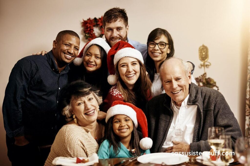 happy blended family of three generations on Christmas Day