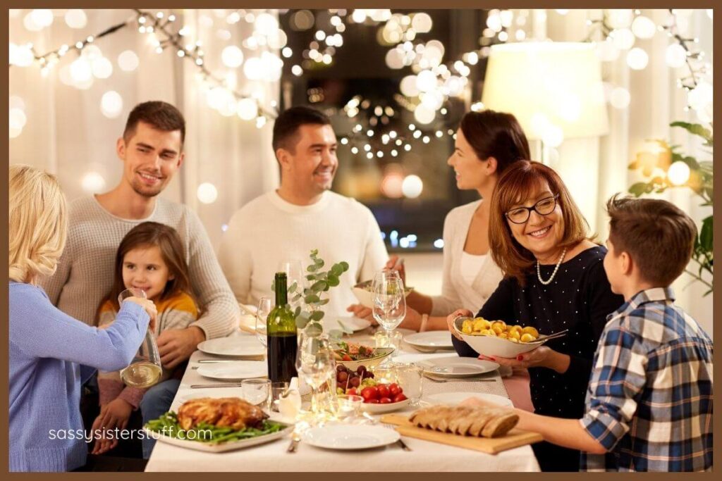 a multigenerational family eating their holiday dinner together