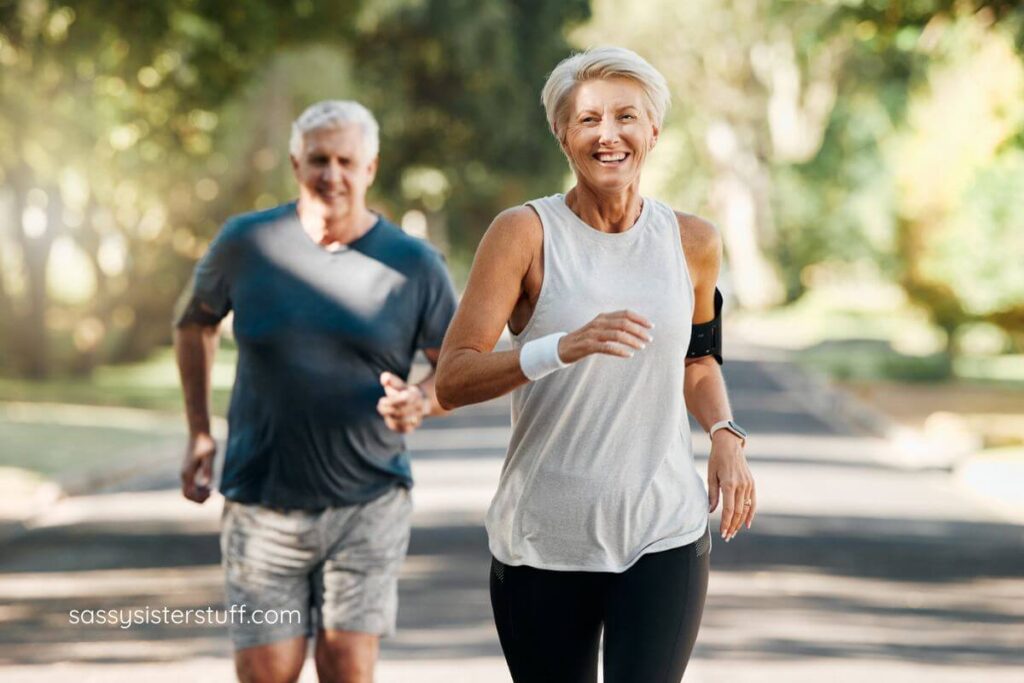 retired couple jogs in the park together because they know what matters most in life