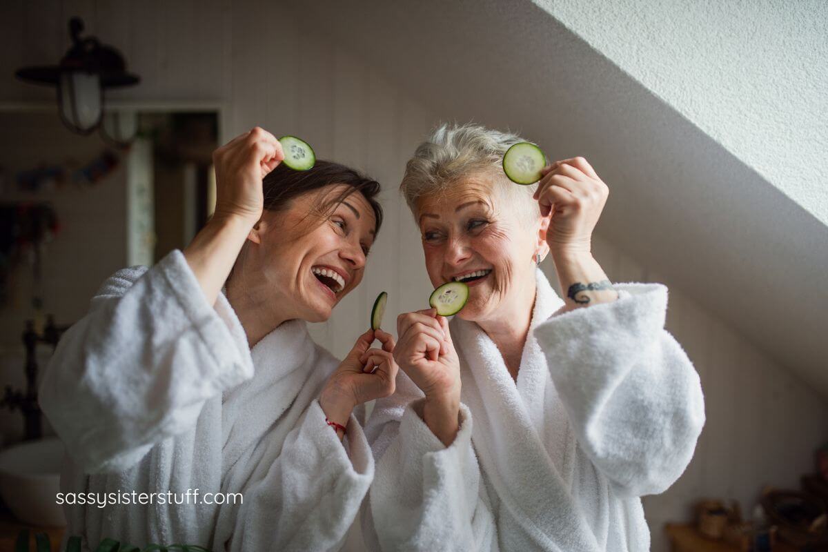 elderly woman and a middle aged woman enjoy a spa day together because they know what matters most in life