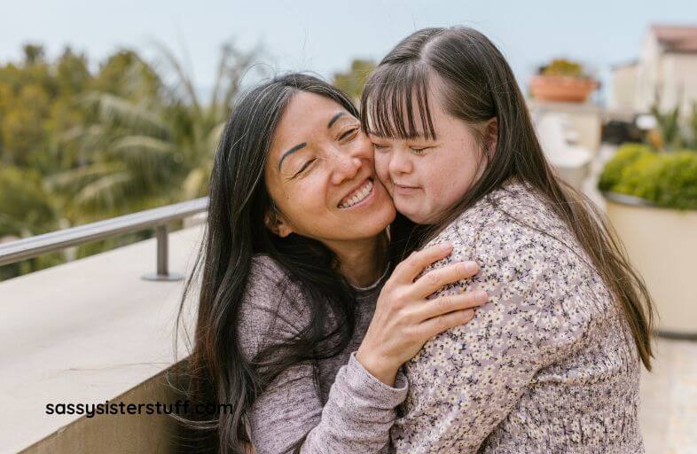 a mom and daughter hug goodbye as mom begins empty nest life and daughter begins college life.