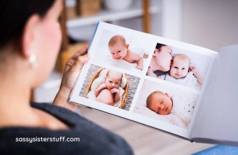 a mom looks at photos of her baby after the child has gone off to college.