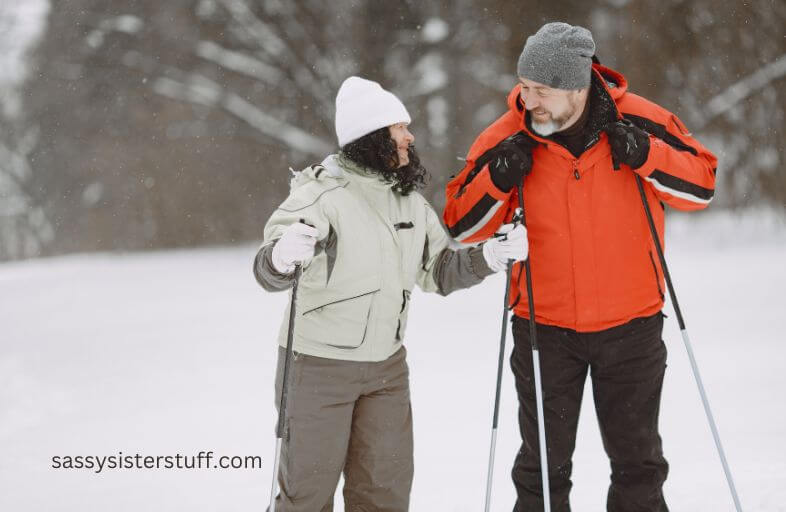 husband and wife reinventing themselves after empy nest with a new adventure of cross country skiing.