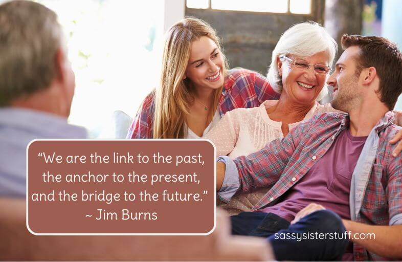 mother, father, adult daughter, adult son with overlay that says "We are the link to the past, the anchor to the present, and the bridge to the future." ~ Jim Burns