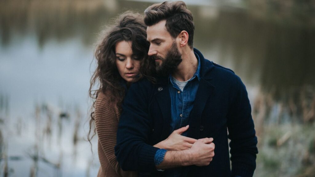 couple hugging outside