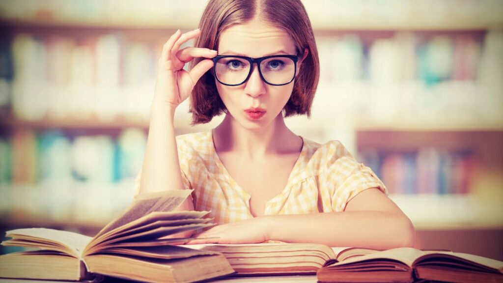 curious woman with books