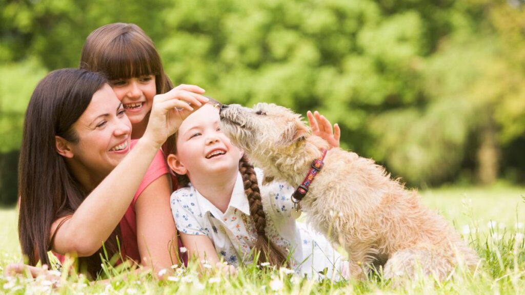 family with dog in park