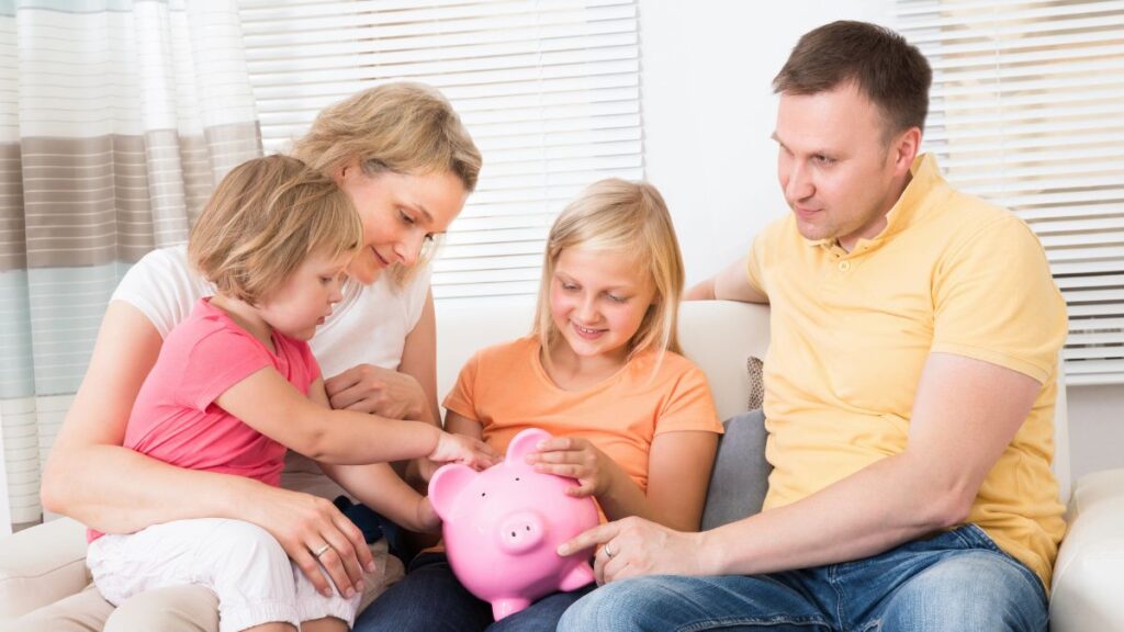 family with piggy bank