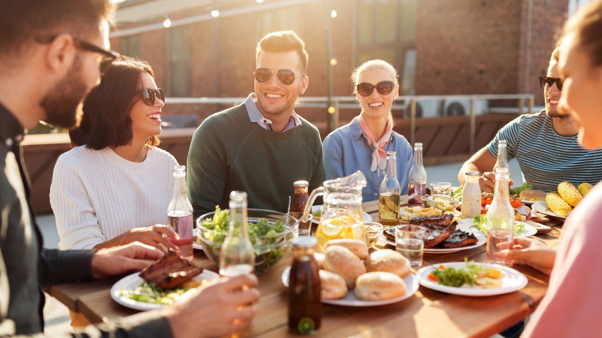 friends eating dinner outside