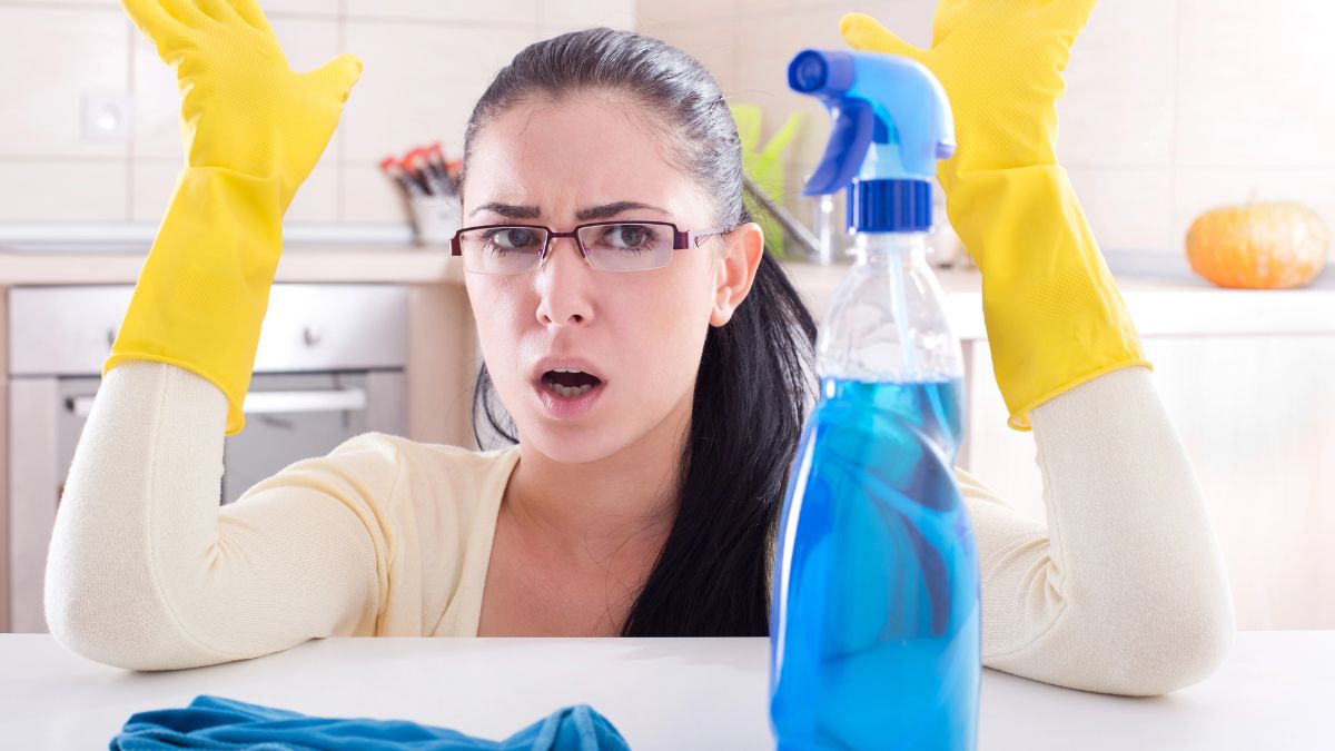 frustrated woman cleaning