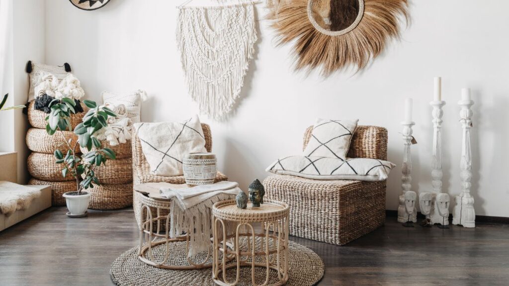 living room with woven wall hanging