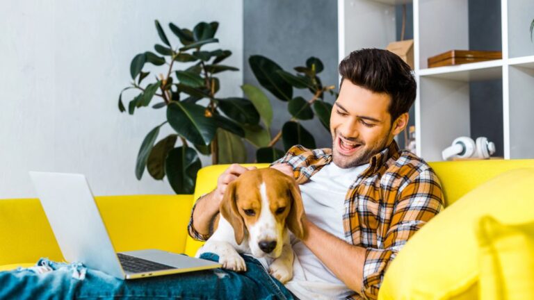 man and dog on couch with computer