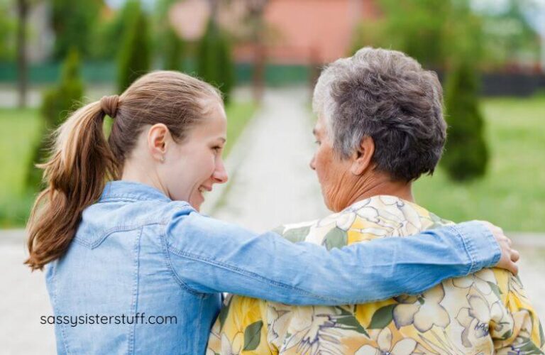 an adult daughter talks gently with her aging mother about helping her with difficult tasks.