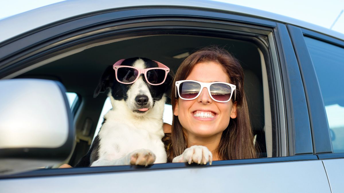 woman and dog smiling in car