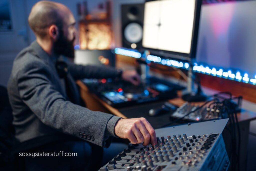 sound man in the sound room of a recording studio.