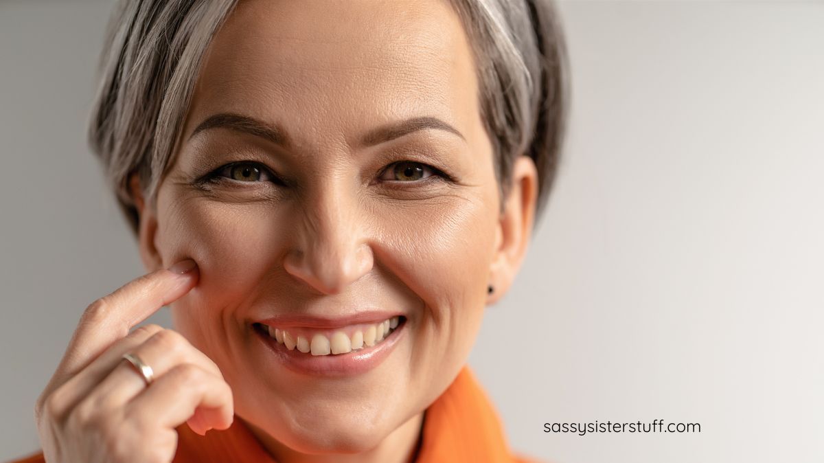 Show up for yourself quotes featured image of a close-up middle aged woman's face with a big smile.