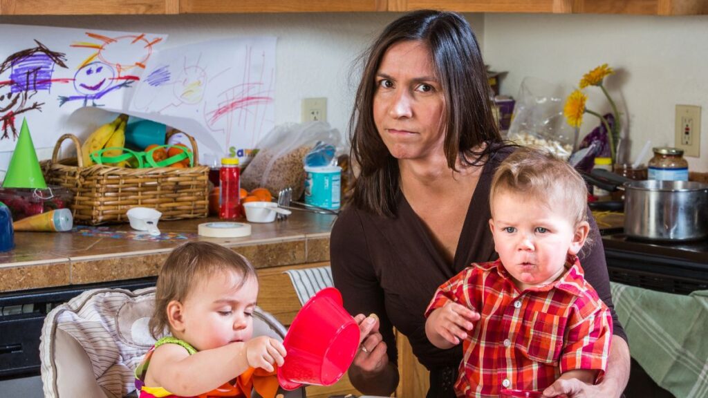 mom looking stressed with kids